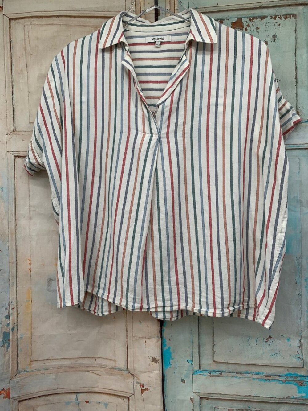Madewell Park Popover Shirt Rainbow Stripe Collared Button-Down Relaxed Fit Cott